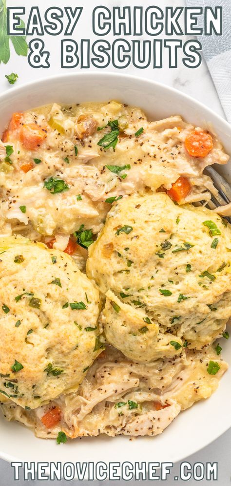 Shredded Chicken Over Biscuits, Skillet Chicken And Biscuits, Chicken And Busicuts Recipe, Chicken And Buscuits, Chicken And Biscuits Crockpot, Creamy Chicken And Biscuits, Chicken And Biscuits Recipe, The Novice Chef, Chicken Biscuits