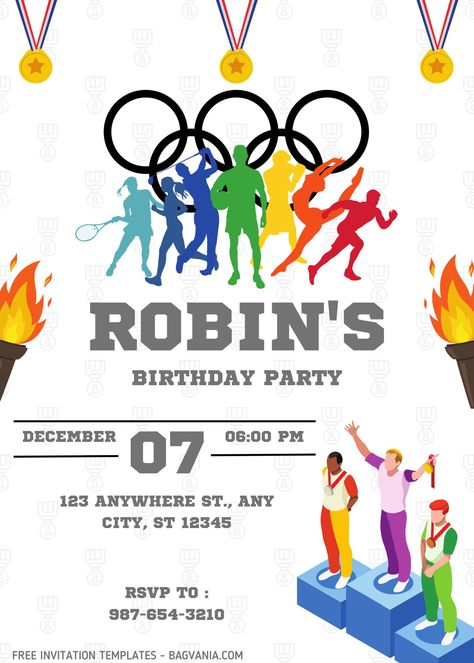 Download Now FREE Olympics Themed Birthday Invitation Templates #free #freeinvitation2019 #birthday #disney #invitations #invitationtemplates Olympics Invitation, Sports Day Kindergarten, Olympic Birthday Party, Summer Olympics Party, Diy Invitation Card, Shark Birthday Invitations, Olympic Theme, Free Printable Invitations Templates, Olympic Party