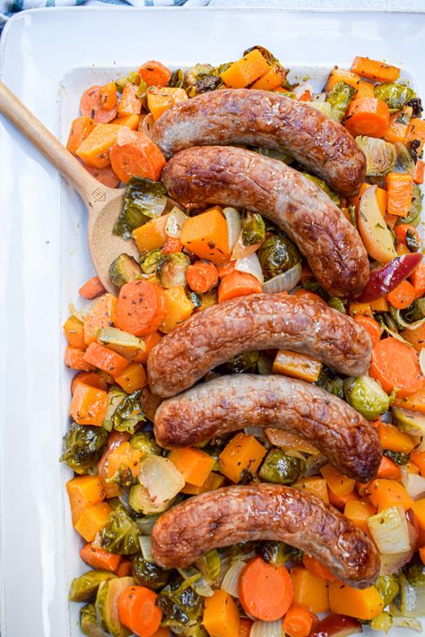 Sheet Pan Brats & Fall Veggies Sheet Pan Brats, Brat Sausage, Fall Veggies, Rosemary Sage, Chicken Apple Sausage, Apple Chicken, Sausage Dishes, Whole 30 Breakfast, Jar Kitchen