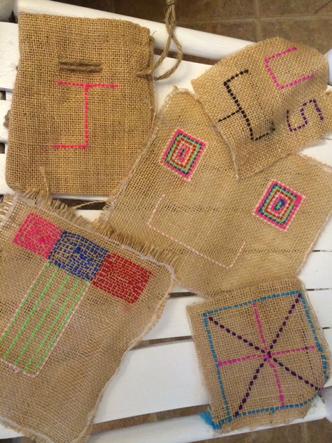 Burlap embroidery is fun, cheap and creative. My daughter and her pal spent hours this week designing their own burlap squares. Requires:  large plastic needle, variety of yarns, burlap and hot glue to finish the edges first so unraveling is minimal. Try colored hot glue for a cool effect! Mcm Embroidery, Colored Hot Glue, Embroidery On Burlap, Burlap Embroidery, Burlap Coffee Bags, Weaving Knitting, Arts Club, Yarn Embroidery, Coffee Bags