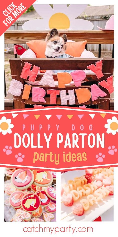 Check out this fun Dolly Parton party for a dog! The cookies are so cute! See more party ideas and share yours at CatchMyParty.com Dolly Party Ideas, Dolly Parton Party Food, Dolly Parton Birthday Party Ideas, Dolly Parton Birthday Party Theme, Dolly Parton Party Decorations, Dolly Parton Themed Birthday Party, Dolly Parton Birthday Party, Dolly Parton Party, Puppy Dog Birthday Party