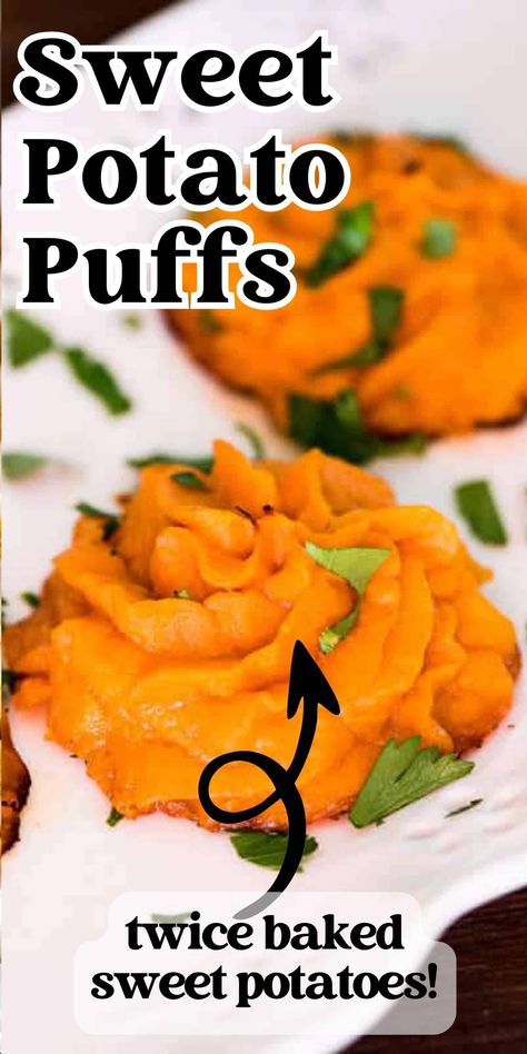 Twice Baked sweet potato puffs make an elegant, healthy side dish for your holiday dinner. They are also called duchess sweet potatoes. Sweet Potato Puffs, Twice Baked Sweet Potato, Twice Baked Sweet Potatoes, Potato Puffs, Quick Salads, Healthy Side Dish, Twice Baked, Healthy Side, Baked Sweet Potato