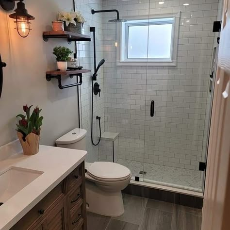 Subway tiles
Grey floor
Black fixtures Bath To Walk In Shower Conversion, Tub To Shower Conversion Small Spaces, Standing Shower Small Bathroom, Replace Tub With Walk In Shower Ideas Small Bathroom, Shower Stall Bathroom Ideas, Tub Into Shower Conversion, From Tub To Shower Remodel, Convert Tub To Shower Walk In, Shower To Tub Conversion