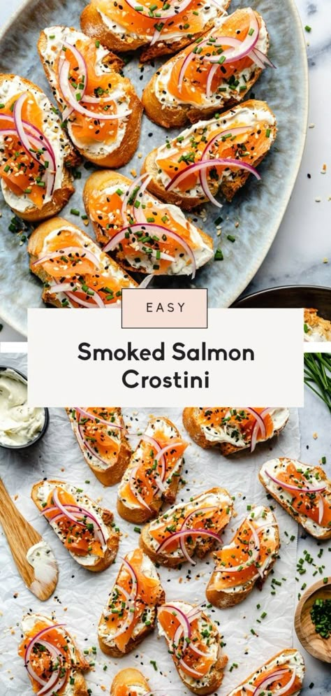 Smoked Salmon Crostini, Salmon Crostini, Lox Recipe, Salmon Appetizer Recipes, Smoked Salmon Appetizer, Salmon Appetizer, Brunch Appetizers, Crostini Appetizers, Hearty Snacks