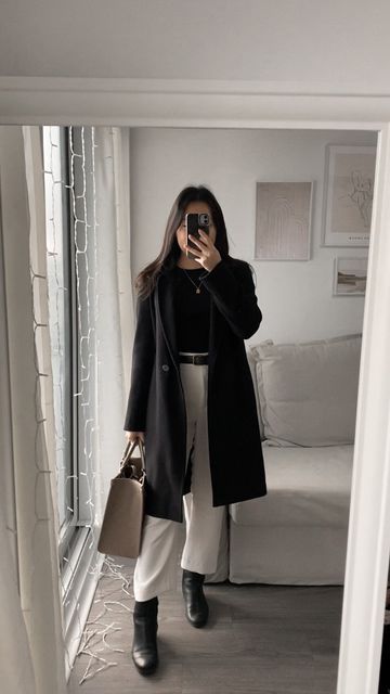 Monochrome Winter Outfits, Aritzia Work Outfit, Minimal Work Outfit, White Pants Outfit Winter, Stedman Coat, Professional Fits, White Pants Winter, Naturalizer Boots, Europe 2024