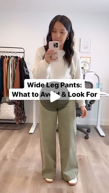 Audrey Tom / Style & Wardrobe Coach on Instagram: "Stay to the end for the side-by-side!💫 Remember, FIT👏🏼 IS👏🏼 QUEEN👏🏼 Additionally, I didn’t mention this in the video but a couple more tips for wide leg pants: Be sure to look for a pair with a HIGH RISE so that it adds length to combat the added width. And always, always make sure the pants are the right length. The green pair is too long, starting to bunch at the bottom. Besides looking messier, it creates a visual heaviness at the Blazer Wide Pants Outfit, Brown Tapered Pants Outfit, High Waisted Wide Leg Dress Pants, Style Wide Leg Cargo Pants, Wide Leg Pants With Sweater, Wide Leg Pixie Pants Outfit, Flats With Wide Leg Pants, Outfits With Trousers Casual, Shoes To Pair With Wide Leg Pants