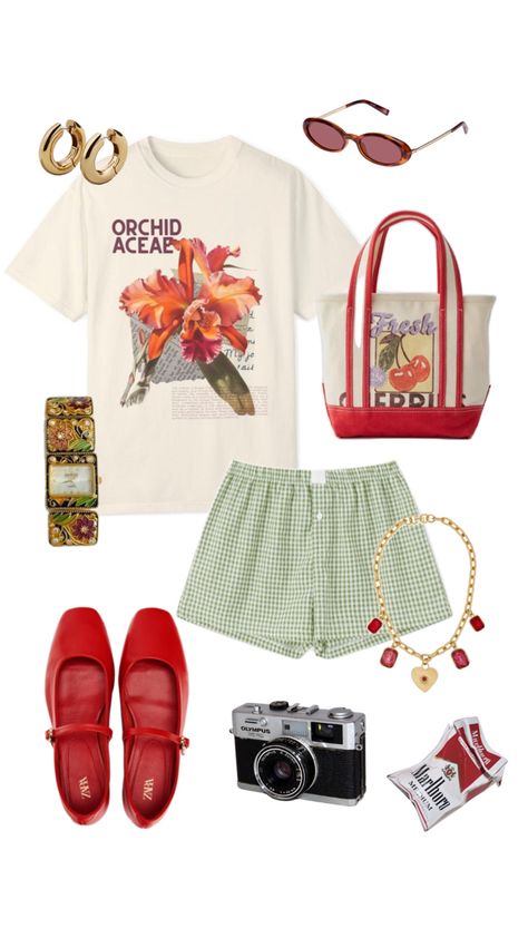 Step into summer with this vintage-inspired chic outfit! Featuring a stunning floral graphic tee paired with green gingham shorts, this look is perfect for casual outings or a stylish day out. Complete the ensemble with bold red Mary Jane shoes, retro gold hoop earrings, and a charming cherry tote bag. Don’t forget the vintage-inspired bracelet, heart charm necklace, and tortoiseshell sunglasses to add that extra flair. Capture your moments with a classic Olympus camera for a truly nostalgic vibe. Pin this for your next fashion inspiration and elevate your summer style effortlessly! #VintageFashion #SummerOutfit #FloralGraphicTee #RetroStyle #FashionInspo #PinterestStyle Cherry Tote Bag, Red Mary Jane Shoes, Tortoiseshell Sunglasses, Olympus Camera, Accessories Outfit, Heart Charm Necklace, Shoes Retro, Gingham Shorts, Retro Accessories