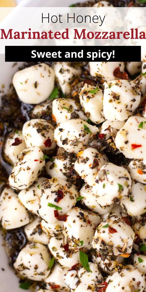 Make any party unforgettable with these Hot Honey Marinated Mozzarella Balls! This easy appetizer pairs spicy honey with bite-sized mozzarella, herbs, and spices. With only 5 minutes of hands-on time, they’re a simple yet impressive option for potlucks and gatherings. Mozzarella Balsamic Appetizer, Hot Honey Appetizers, Hot Appetizers For Party, Bruschetta Recipe Mozzarella, Marinated Cheese Appetizer, Mozzarella Balls Recipe, Marinated Mozzarella Balls, Mozzarella Bites, Marinated Mozzarella