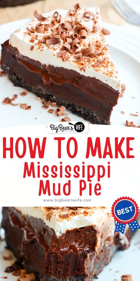 Calling all chocolate fanatics! Prepare to be blown away by the ultimate Mississippi Mud Pie recipe that will transport you to dessert heaven. Dive into a luscious chocolate crust, followed by layers of fudgy brownie, hot fudge sauce and chocolate pudding . Then it is finished with a homemade whipped cream topping and chocolate shavings. This is the dessert dreams are made of! Mississippi Mud Pie Recipe, Mud Pie Recipe, Fancy Deserts, Natural Desserts, Pecan Milk, Heart Baking, Mississippi Mud Pie, Bakery Goods, Fudge Pie