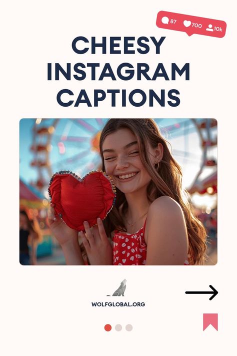 A smiling young woman holding a heart-shaped cushion at a carnival.
Cheesy pun checklist with emojis and a "Get 100+ more" button, promoting wolfglobal.org.
A woman sitting with a laptop, surrounded by social media engagement icons, promoting wolfglobal.org. Cheesy Captions Instagram, Cheesy Captions, Pictures Captions, Cheesy Lines, Picture Captions, Insta Posts, Instagram Captions, Spice Up, Mozzarella