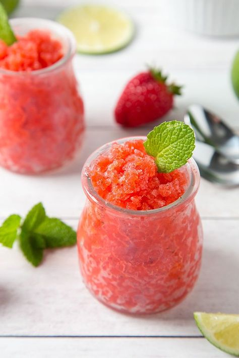 Strawberry Mint Limeade Granita #strawberry #granita #frozentreat #summer | The Missing Lokness Strawberry Granita, Mint Limeade, Homemade Sorbet, Granita Recipes, Strawberry Sweets, Bigger Bolder Baking, Baking Cookbooks, Strawberry Mint, Canned Fruit