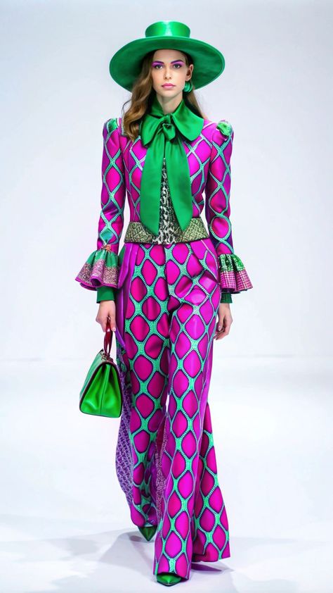 Woman wearing a bold pink and green Gucci-inspired outfit with a wide-brimmed hat and geometric patterns Pink And Green Fashion, Gucci Outfits Women, Carnaval Outfit, Women Trousers Design, Bold Outfits, Runway Fashion Couture, High Fashion Looks, Fashion Fail, Tech Fashion