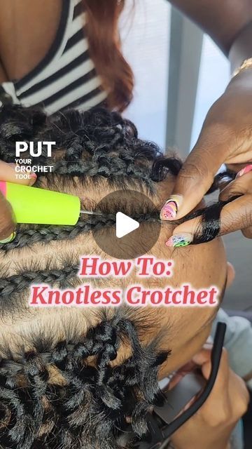 Brittany | Traveling Hair Stylist on Instagram: "🛑How To: Knotless Crotchet. Follow To Learn How To Do Hair. SAVE AND TRY FOR LATER. Call 301-485-9298 for your next appointment. NOW Traveling To All States.   ❗️CROTCHET HAIR: Freetress Beach Wave   💎A knotless crochet hairstyle is a type of protective style that combines the benefits of knotless braids and crochet braids.   💎Instead of starting the braid with a knot at the root, which can cause tension and breakage, the knotless method begins with crotcheting the hair through the braid as shown in the video or a feed-in braid technique, gradually adding hair extensions as you braid down.   💎This reduces scalp tension and results in a more natural look. After creating the foundation braids, the crochet hair extensions are then looped th Feed In Crochet Braids, Crochet With Braiding Hair, How To Crochet Braids For Beginners, Latch Hook Hairstyles Crochet, How To Crochet Hair, How To Do Crochet Braids, Crotchet Braids Pattern Hair, Crotchet Braids Styles Hairstyles, Braid Down For Crochet