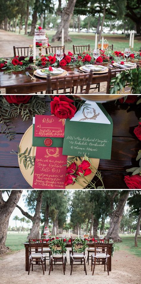 Red, Green, and Gold Christmas Wedding Inspiration -  A PRINCESS INSPIRED BLOG | Christmas Table Decor Green And Gold Christmas Wedding, Red Rose Wedding Theme, Gold Christmas Wedding, Red Green And Gold Christmas, Wedding Sheet Cakes, Christmas Wedding Ideas, Green And Gold Christmas, Rose Wedding Theme, Christmas Wedding Themes