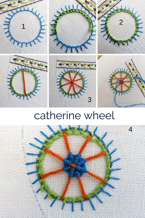 Stitch Fun - Herringbone & Catherine Wheel - Stitchdoodles Advanced Embroidery Stitches, Free Hand Embroidery Patterns, Modern Embroidery Designs, Needlework Stitches, Flowers Hand Embroidery, Crewel Embroidery Tutorial, Catherine Wheel, Embroidery Beginner, Silk Ribbon Embroidery Tutorial