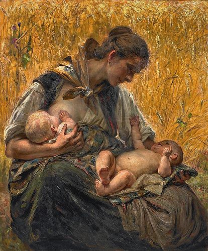 wegmann, bertha - A Young Woman Breastfeeding her Twins in a Cornfield | by Amber Tree Motherhood Painting, Motherhood Art, Breastfeeding Art, Danish Art, A Mother's Love, Mother Child, Mother's Love, Mother Baby, Madonna And Child