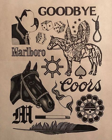 Western Band Tattoo, Cowboy Tattoos Western, Cowboy Style Tattoo, Retro Western Tattoo, Country Gothic Tattoo, Traditional Country Tattoo, Pbr Tattoo, Punchy Western Tattoos Sleeve, Western Dice Tattoo