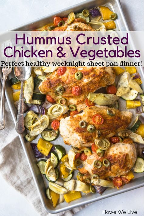 Hummus Chicken Recipes, Hummus Crusted Chicken, Chicken And Vegetable Bake, Hummus Chicken, Chicken Entree, Mediterranean Dinner, Vegetable Bake, Creamy Hummus, Easy Sheet Pan Dinners