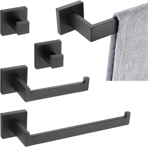 KOKOSIRI 5-Piece Bathroom Hardware Set, 304 Stainless Steel Towel Holder Bars Bath Accessory Set Wall Mount, Matte Black, B05A5-BK. Powder Room Design, Towel Holder Bathroom, Utility Storage, Plumbing Bathroom, Bathroom Hardware Set, Bath Accessories Set, Upstairs Bathrooms, Robe Hook, Wall Finishes