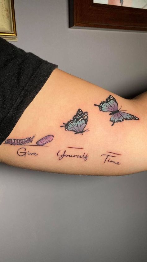 Stages Of A Butterfly Tattoo, Metamorphosis Tattoo Ideas, Selflove Tattoo Ideas, Metamorphosis Tattoo, Hand Tattoos For Girls, Self Love Tattoo, Rune Tattoo, Pretty Hand Tattoos, Foot Tattoos For Women