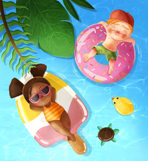 A boy and a girl sunbathing on inflatable. Summer Holidays Kids, Design Storyboard, Flamingo Pool Parties, Illustration Art Kids, Childrens Books Illustrations, 캐릭터 드로잉, Two Friends, Coloring Tutorial, Figure Drawing Reference