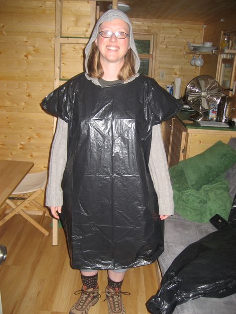 Wardrobe: This is what I mean by..."he's wearing a garbage bag pancho." Bin Bag Outfit, Garbage Bag Halloween Costume, Trash Bag Dress, Plastic Outfit, Cold Lake, Bin Bag, Youth Activities, Plastic Clothes, Garbage Bag