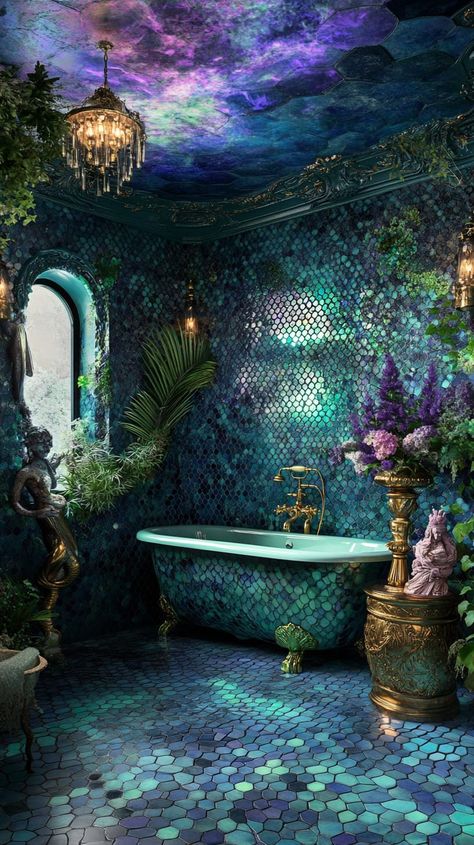 Luxurious bathroom with mermaid scale tiles, ornate bathtub, exotic plants, ocean-painted ceiling, and whimsical merfolk Green Maximalist Bathroom, Peacock Bathroom Ideas, Trippy Bathroom, Peacock Room Decor, Magical Bathroom, Peacock Bathroom, Iridescent Tiles, Maximalist Bathroom, Ceiling Painted