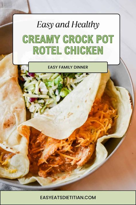 This creamy crock pot rotel chicken is absolutely delicious, requires only a few ingredients and less than 5 minutes of preparation time! This dish is a lightened up variation offering creaminess while still controlling portions and utilizing a lower-fat option to keep the dish from being overly indulgent. #chickenrecipes #crockpotrecipes #crockpotchicken #slowcookerrecipes #slowcooker #chickentacos Crock Pot Rotel, Chicken Rotel Recipes, Chicken Rotel, Rotel Chicken, Rotel Recipes, Mild Taco Seasoning, Chicken Fajitas Crockpot, Instant Pot Pot Roast, Chicken Crockpot