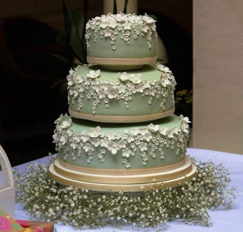 Sage green wedding cake with delicate white blossoms on a bespoke gypsophilia cake stand Sage 15 Dresses, Sage Green Three Tier Cake, Sage Green Cake With Butterflies, Quince Cakes Sage Green, Earthy Quince Theme, Sage Green 15 Dress, Dark Green Quinceanera Theme Cake, Sage Green Quinceanera Theme Dress, Light Green Wedding Cake