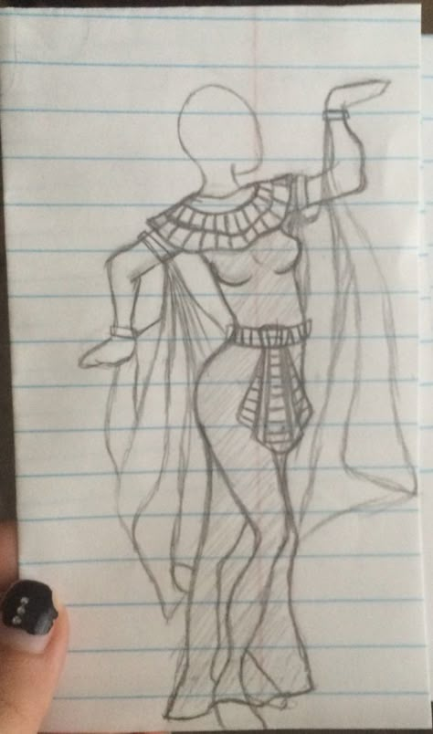 Traditional Egyptian dress!! [by @icedk11] Egyptian Doodles Art, Easy Egyptian Drawing, Egypt Drawing Ideas, Ancient Egypt Sketch, Egyptian Women Drawing, Egyptian Clothes Drawing, Egyptian Goddess Drawing, Ancient Egyptian Art Drawing, Egyptian Sketch