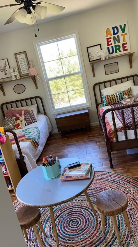 Shared Bedroom And Playroom, Mismatched Twin Beds, Shares Bedroom Sisters Small Spaces, 2 Twin Beds In One Room Kids, Bedroom Ideas For Brother And Sister, Unisex Shared Bedroom, Large Kids Bedroom Layout, Shared Teenage Room, Toddler Girl And Baby Boy Shared Room