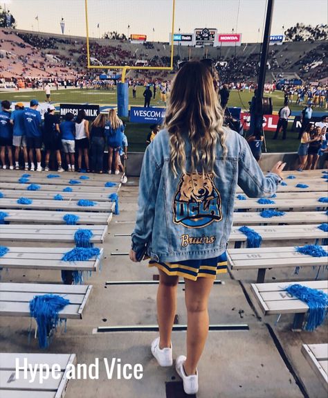 Ucla Football Game Outfit, Fumbled Hearts, Ucla Aesthetics, Ucla Bruins Football, College Football Game Outfit, Ucla College, Lsu Outfits, Ucla University, Jean Jacket Diy