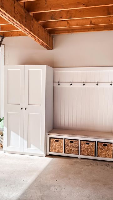 Creating A Mudroom In Garage, Garage Shoe And Bag Storage, Garage Entry Mudroom Ideas, Garage Cubby Storage Diy, Garage Shoe And Coat Storage, Basement Coat Storage Ideas, Drop Zone Garage Entry, Mudroom Next To Stairs, Coat Closet In Garage