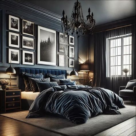 Dark Velvet Bedding, Blue Dark Academia Bedroom, Dark Jewel Tone Bedroom, Blue Velvet Bedroom Ideas, Blue Velvet Bedding, Blue Velvet Bedroom, Blue And Black Bedroom, Deep Blue Bedroom, Dark Blue Bed