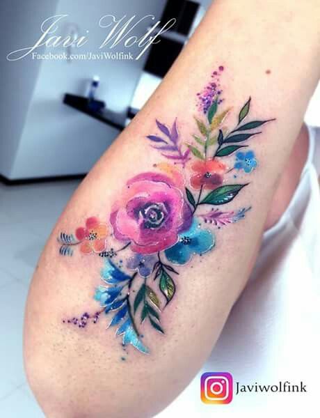 Watercolor Peony Tattoo Shoulder, Watercolor Flower Tattoo Arm, Bright Flower Tattoos, Watercolor Tattoo Shoulder, Watercolor Flower Tattoo, Aster Flower Tattoos, Flower Tats, Floral Watercolor Tattoo, Tattoo Fairy