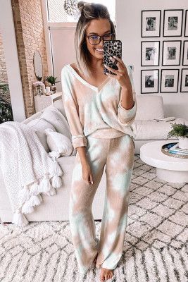 Multicolor Deep V-neck Dropped Shoulder Tie-dye Lounge Set Colourful Lounge, Tie Dye Pants, Tie Dye Colors, Tie Dye Designs, Tie And Dye, High Waist Bottoms, Womens Tie, Loungewear Set, Tie Dye Patterns