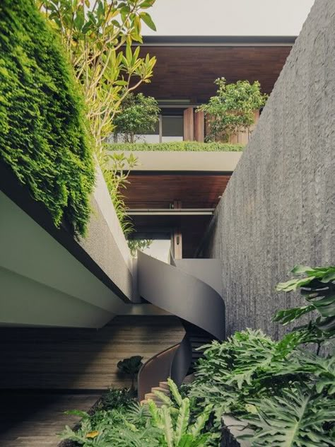 Spiral Staircase Outdoor, Staircase Architecture, Singapore House, Landscape Stairs, Staircase Outdoor, Modern Tropical House, Beachfront Villa, Tropical Resort, Spiral Stairs