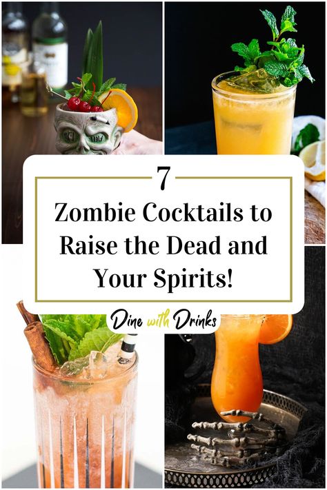 Collage of 4 zombie cocktails. Halloween Tiki Drinks, Zombie Cocktail Recipe, Mixed Drink Ideas, Zombie Drink, Zombie Halloween Party, Zombie Cocktail, Zombie Food, Best Zombie, Beach Cocktails