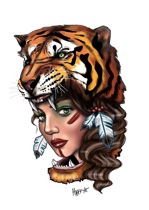 Tiger Indian headdress and woman tattoo design by HAFFYE Woman Tattoo Design, Woman Tattoo, Indian Headdress, Headdress, Tattoo Design, Tattoos For Women, Tattoo Designs, Tattoos, Quick Saves