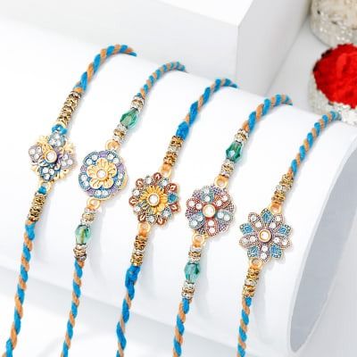 Precious Kundan And Meena Rakhi Set Of 5 Gourmet Gifts, Raksha Bandhan, Trendy Gift, Loved Ones, Floral Motif, Same Day Delivery, Rich Color, Gifts For Her