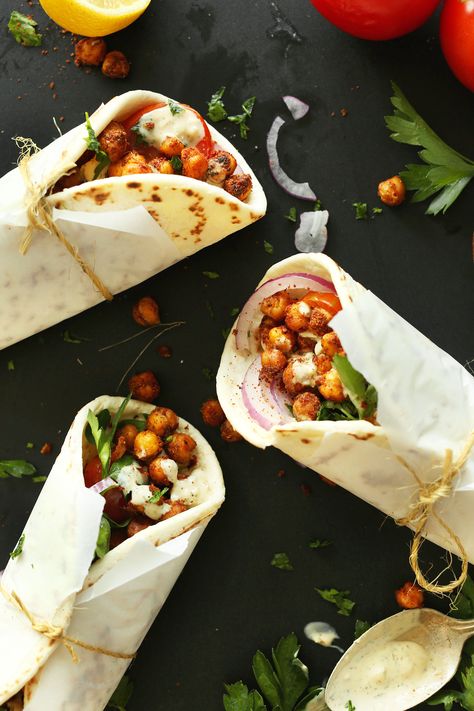 AMAZING 30-minute HEALTHY Chickpea Shawarma Wraps with a simple Garlic Dill Sauce! An easy, weeknight #vegan #plantbased meal! #healthy #recipe #mediterranean #minimalistbaker Garlic Dill Sauce, Chickpea Shawarma, Shawarma Sandwich, Spring Recipes Dinner, Protein Lunch, Minimalist Baker, Spring Dinner, Dill Sauce, Meatless Dinner