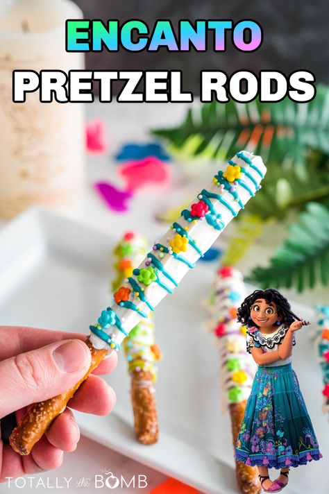 Chocolate Dipped Pretzel Rods, We Don't Talk About Bruno, Dipped Pretzel Rods, Chocolate Dipped Pretzels, Pretzel Rods, Birthday Party Planning, Birthday Treats, 6th Birthday Parties, Party Treats