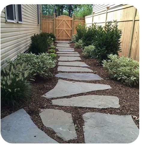 Stone Path Landscaping, Stone Walkway Side Of House, Shady Walkway Landscaping, Wide Side Yard Ideas, Narrow Garden Ideas Side Yards Pathways, Landscape Pavers Ideas Walkways, Flagstone Side Yard, No Grass Side Yard, Flat Stone Walkway Pathways