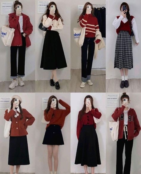 Red Palette Outfit, Maroon Combination Outfit, Ikon Concert Outfit, Red Maroon Outfit, Maroon And Grey Outfit, Outfit Baju Merah, Red Academia Outfit, Red Hijab Outfit, Maroon Outfit Ideas