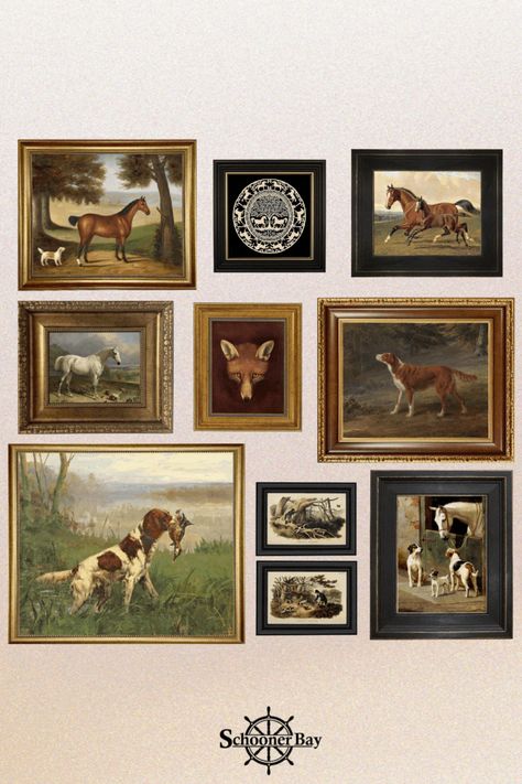 Ralph Lauren Country Style Home, Gallery Wall Ralph Lauren, Equestrian Inspired Interiors, Vintage Hunting Prints, Hunt Country Interiors, Equestrian Wall Decor, Equestrian Gallery Wall, Horse Gallery Wall, Vintage Equestrian Art