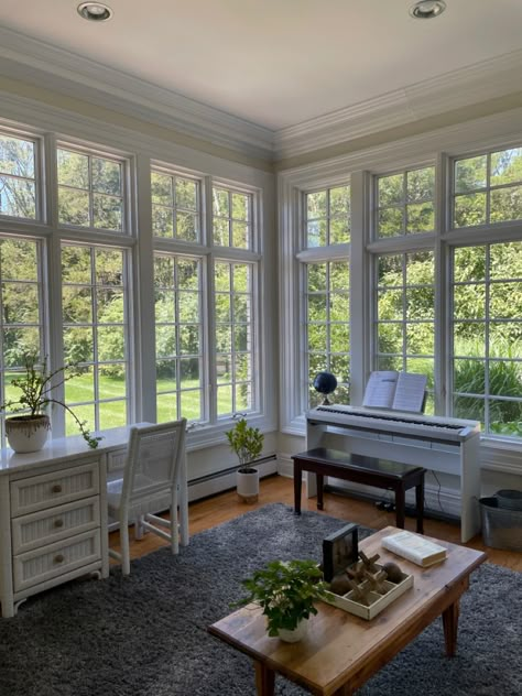 Sunroom Sitting Area, Sunroom Main Entrance, Desk In Sunroom, Conservatory Office Ideas, Conservatory Home Office, Piano Sunroom, Piano In Sunroom, Aesthetic Sunroom, French Sunroom