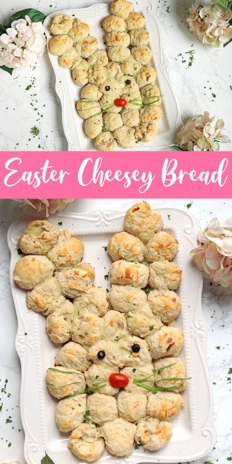 Easter Bunny Pull-Apart Cheesy Bread is the easiest bread recipe for Easter. You have bunny-shaped dinner rolls that are cheesy and so tasty. #easter #cheesy #bread #rolls #easterbunny #bunny #best #kidfriendly #sidedish #appetizer #foracrowd Pull Apart Cheesy Bread, Bread Bunny, Cheesy Rolls, Cheesy Pull Apart Bread, Easter Fun Food, Bunny Bread, Easter Party Food, Easter Appetizers, Easter Snacks