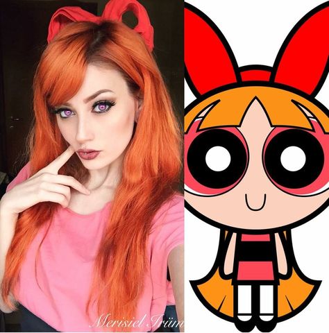 Blossom Cosplay Blossom Costume 90s, Cherry Blossom Cosplay, Blossom Costume, Blossom Makeup Powerpuff, Blossom Cosplay, Powerpuff Cosplay, Sedusa Powerpuff Cosplay, Red Hair Costume, Blossom Costumes