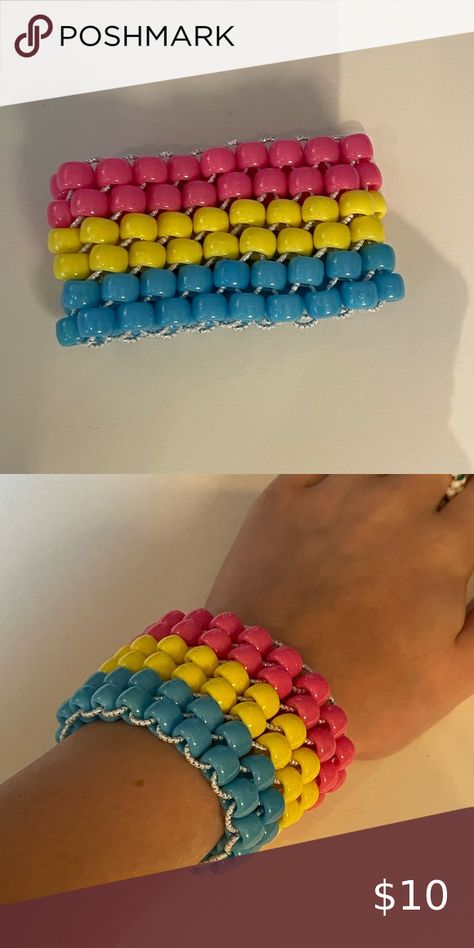 Pansexual bracelet kandi bead hand made Pansexual Jewelry, Pride Jewelry Diy, Pansexual Bracelet, Diy Kandi Bracelets, Pansexual Flag, Diy Kandi, Kandi Ideas, Pride Jewellery, Bracelets Ideas