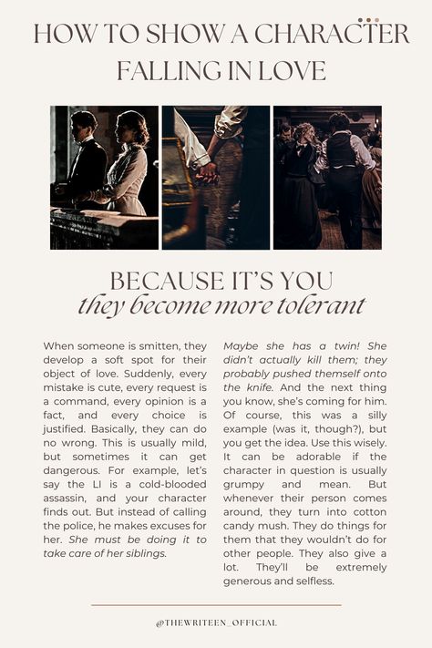 When we're in love, we see everything with rose colored glasses, especially the one we like. Everything they do becomes lovable, reasonable, or cool. They can do no wrong. Your MC should give them a lot of passes. Just be careful that it's not something outrageous or toxic. #writers #writing #write #creativewriting #fictionwriting #storytelling #writinganovel #book #characterdevelopment #fallinginlove #writinganovel #bookwriting #thewriteen #writinginspiration #writingtips #romance #romancetips Unique Romance Plot Ideas, Writing Falling In Love, Falling In Love Writing Prompts, How To Write Romance Scenes, How To Write A Romance Book, How To Write A Love Story, Romance Book Prompts, How To Write Romance, Prompts Writing Romance